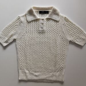 SFW Suitable For Work Knit Crochet Collar Quarter Button Up Short Sleeve Top